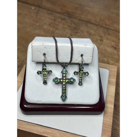 Antique-Style Cross Pendant Necklace & Earrings Set With Green Rhinestones On Me - Picture 1 of 8